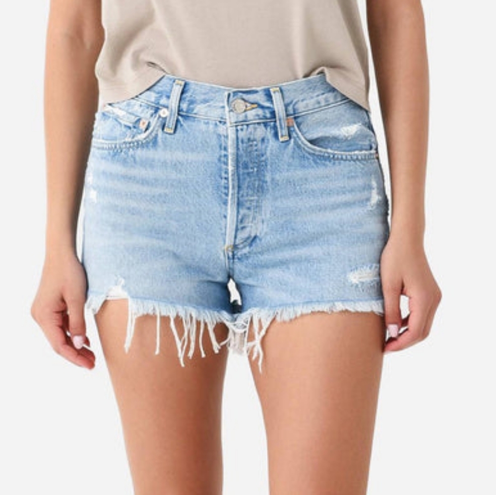 Agolde Parker Blue Jean Shorts Distressed Frayed Hem